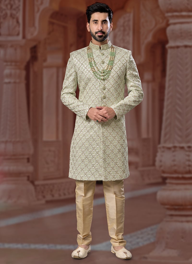 Charming Sequins Hand Work Jacquard Silk Indowestern Sherwani Wedding Wear