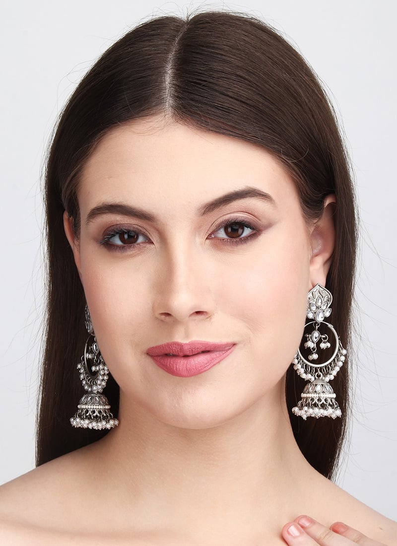 Charming Silver Pearl Stone Jhumka After Six Wear