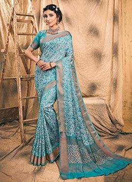 Charming Sky Blue Chanderi Silk Batik Print Saree