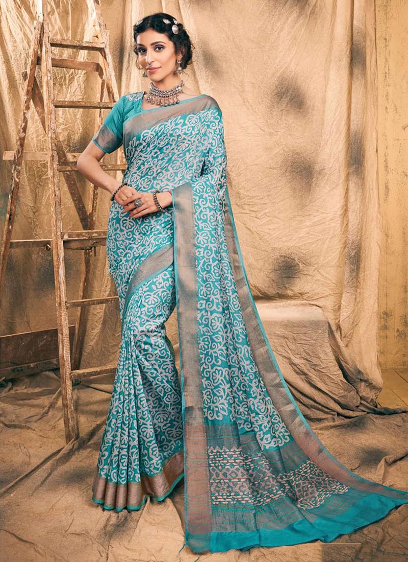 Charming Sky Blue Chanderi Silk Batik Print Saree After Six Wear