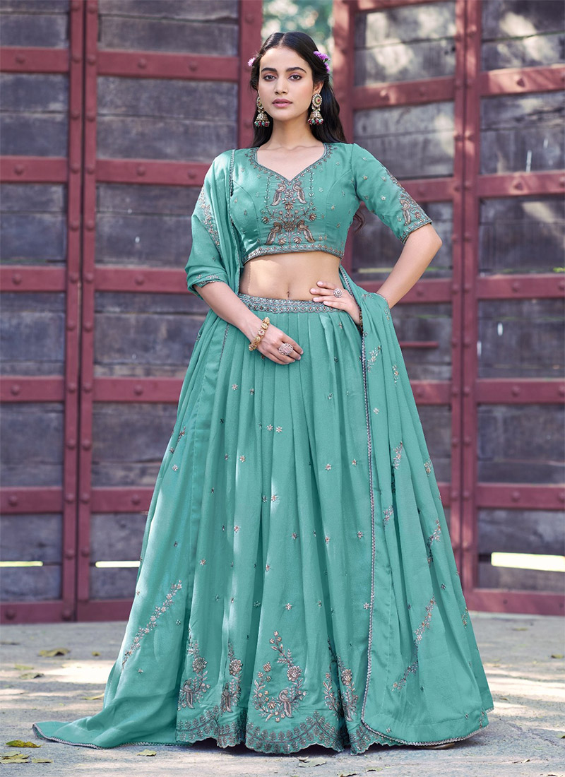 Charming Sky Blue Georgette Zari Sequins Resham Embroidered Cut Work Umbrella Lehenga Wedding Wear