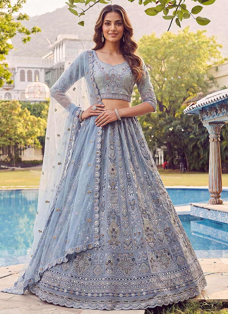 Charming Sky Blue Net Fancy Zari Dori Sequence Thread Embroidery Work Umbrella Lehenga Wedding Wear