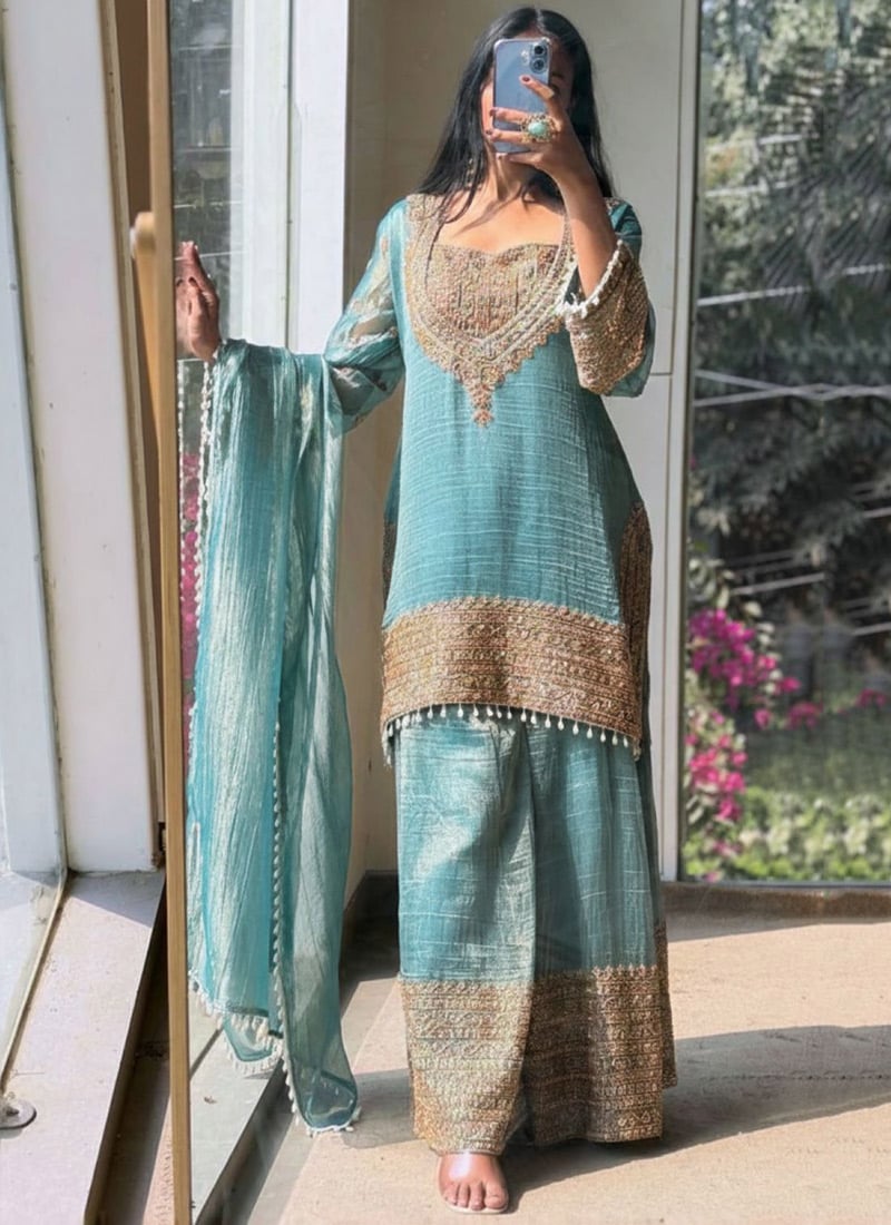 Charming Sky Blue Organza Silk Embroidered Zari Thread Palazzo Suit Festive Wear