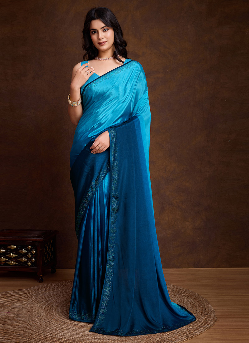 Charming Sky Blue Shaded Chinon Tikki Work Saree After Six Wear
