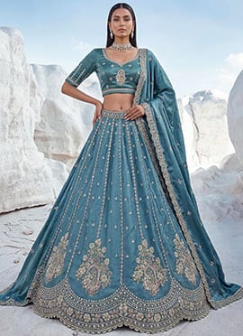 Charming Sky Blue Silk Embroidered Work Umbrella Lehenga