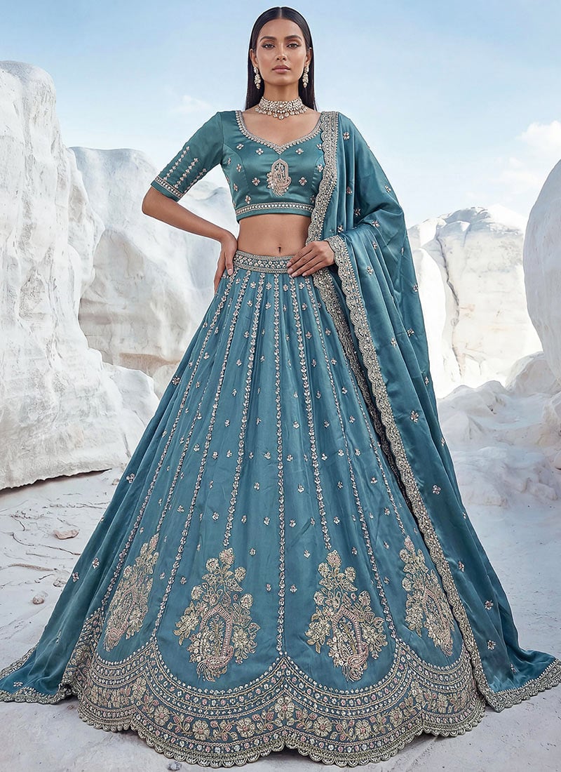 Charming Sky Blue Silk Embroidered Work Umbrella Lehenga Wedding Wear