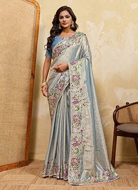 Charming Sky Blue Soft Kanjivaram Silk Beads Embroidered Zari Sequins Thread Saree