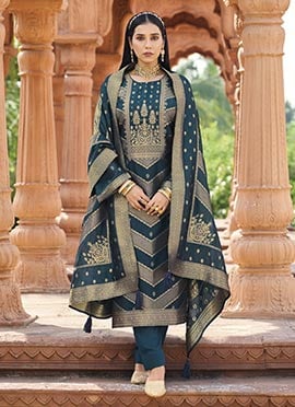 Charming Teal Banglori Silk Jacquard Straight Pant Suit