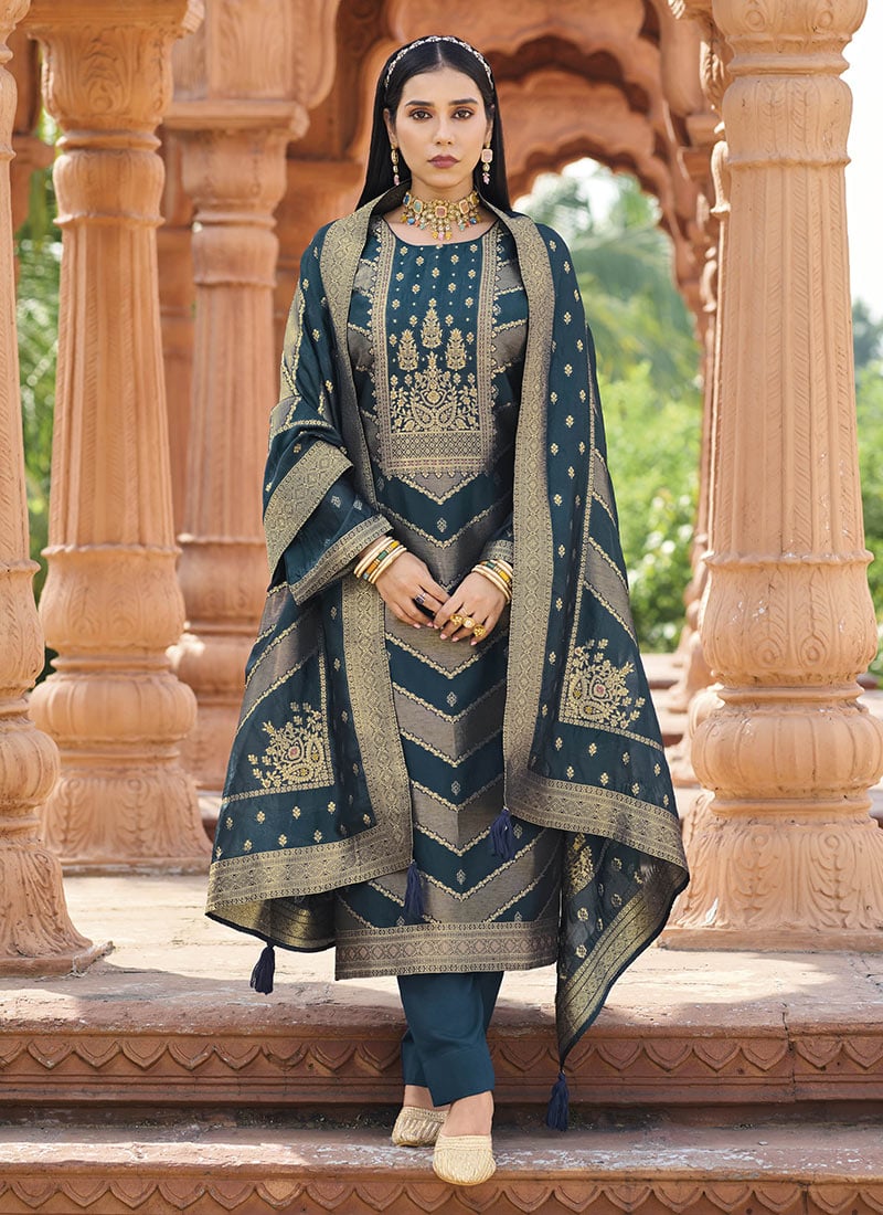 Charming Teal Banglori Silk Jacquard Straight Pant Suit After Six Wear