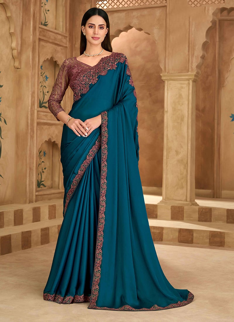 Charming Teal Blue Chiffon Embroidered Sequins Zari Saree Wedding Wear
