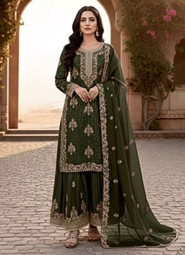 Charming Teal Blue Silk Embroidered Stones Sequins Palazzo Suit
