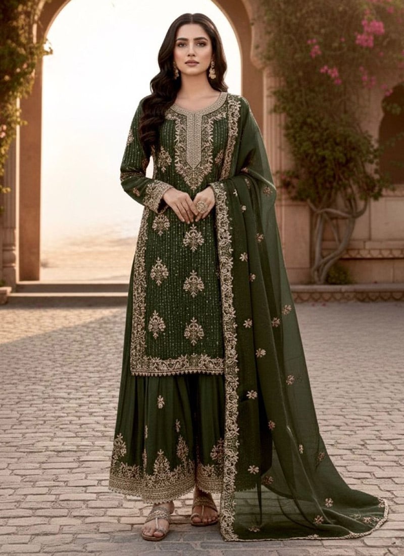 Charming Teal Blue Silk Embroidered Stones Sequins Palazzo Suit Festive Wear