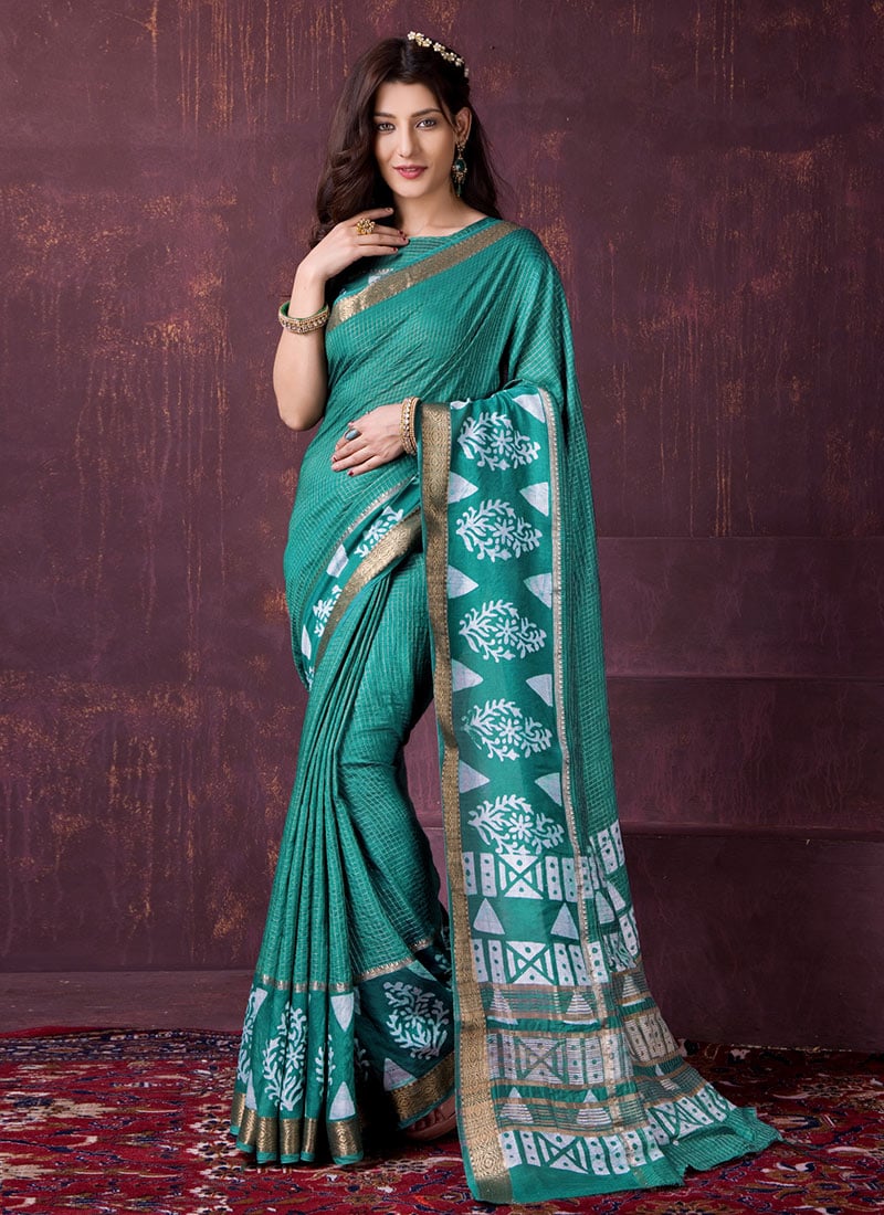 Charming Teal Chanderi Silk Batik Print Saree After Six Wear