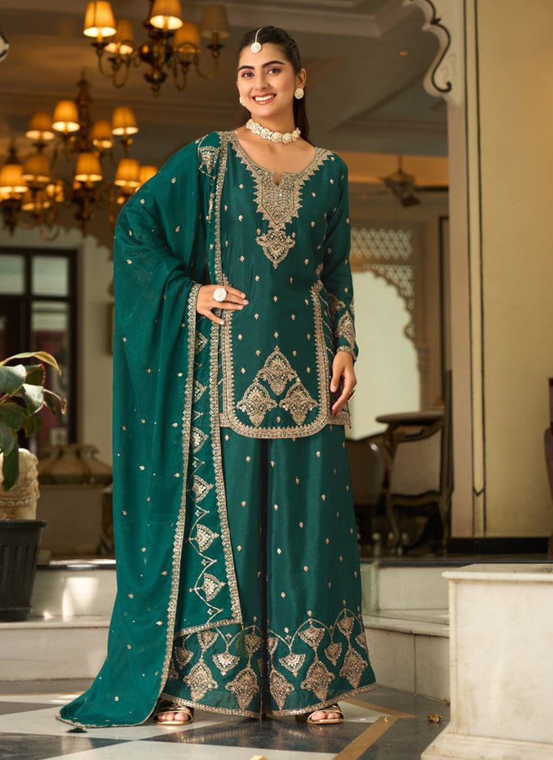 Charming Teal Chinon Silk Designer Embroidered Mirror Work Palazzo Suit After Six Wear