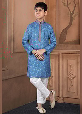 Charming Teal Cotton Printed Kids Boys Kurta Pyjama