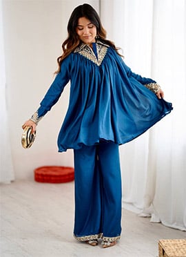 Charming Teal Heavy Chinon Embroidery Sequence Work Kurta Palazzo Set