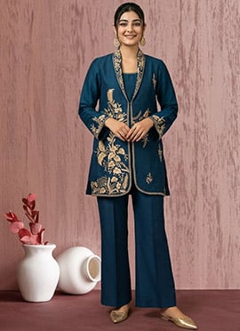 Charming Teal Satin Blend Zari Sequins Palazzo Suit