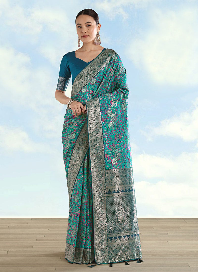 Charming Turquoise Banarasi Silk Woven Saree Festive Wear
