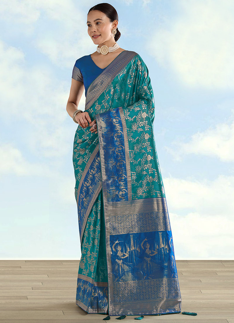 Charming Turquoise Banarasi Silk Zari Woven Saree Festive Wear