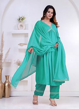 Charming Turquoise Rayon Zari Lace Work Anarkali Suit