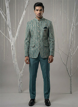 Charming Turquoise Velvet Zari Embroidered Thread Bandhgala Suit