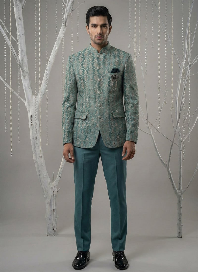 Charming Turquoise Velvet Zari Embroidered Thread Bandhgala Suit Wedding Wear