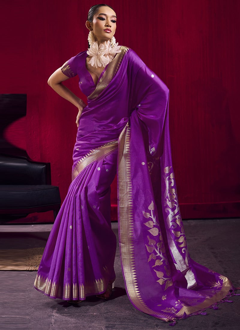 Charming Violet Satin Linen Silk Handloom Zari Weaving Saree Festive Wear