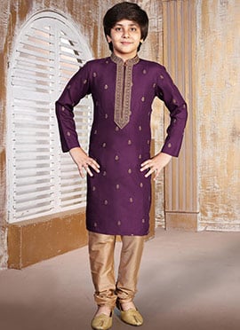 Charming Violet Silk Embroidered Kids Boys Kurta Pyjama