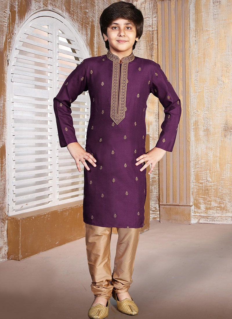 Charming Violet Silk Embroidered Kids Boys Kurta Pyjama