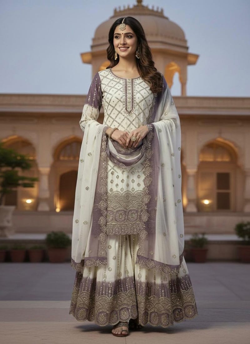 Charming White And Lavender Faux Georgette Embroidered Sequins Palazzo Suit Festive Wear