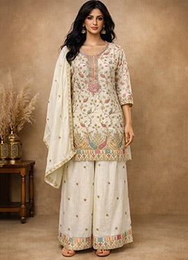 Charming White Chinon Embroidered Sequins Palazzo Suit