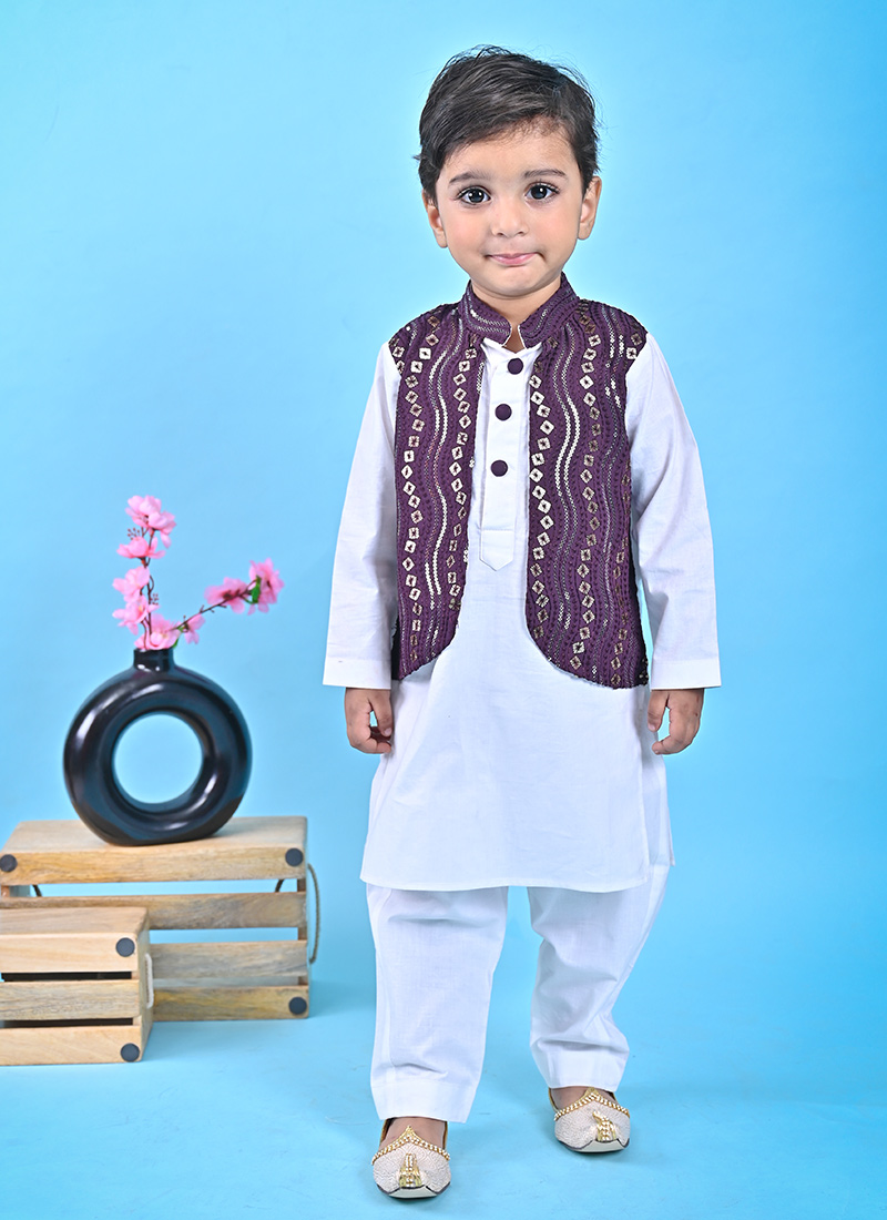 Charming White Cotton Boys Bandi Set