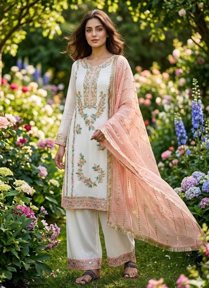 Charming White Silk Sequins Embroidered Moti Straight Pant Suit Festive Wear