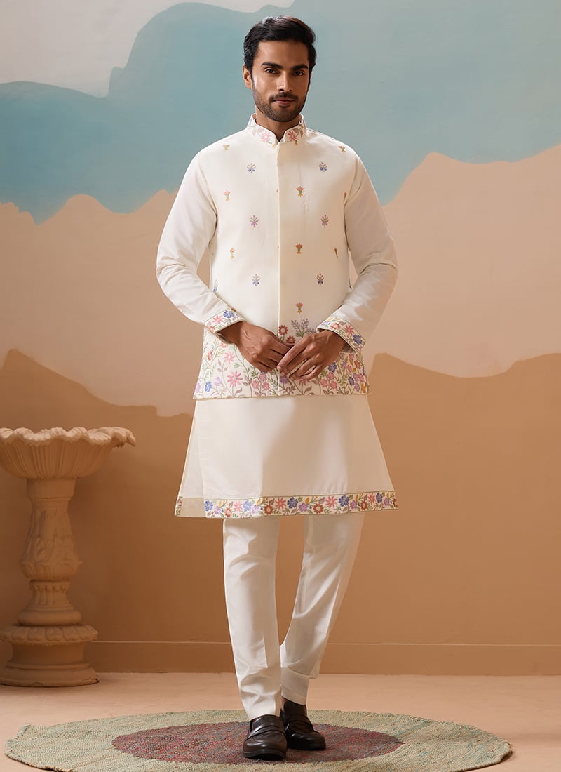 Charming White Viscose Silk Embroidered Sequins Thread Bandi Set Wedding Wear