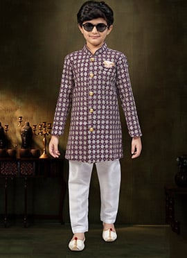 Charming Wine And Cream Malai Silk Stone Work Kids Boys Indowestern Sherwani