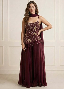 Charming Wine Art Silk Embroidered Palazzo Suit