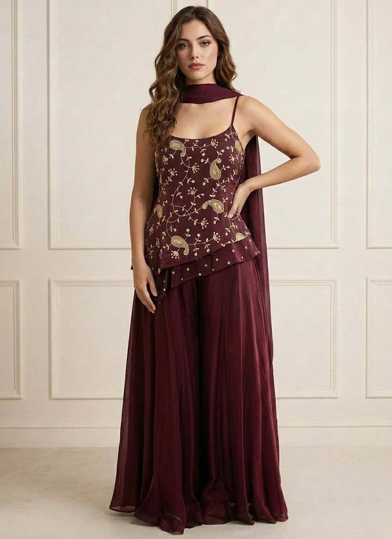 Charming Wine Art Silk Embroidered Palazzo Suit Festive Wear