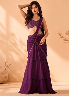 Charming Wine Faux Georgette Sequins Beads Hand Embroidered Saree