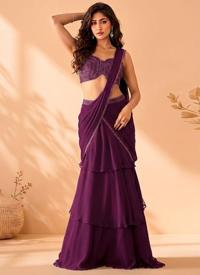 Charming Wine Faux Georgette Sequins Beads Hand Embroidered Saree Wedding Wear