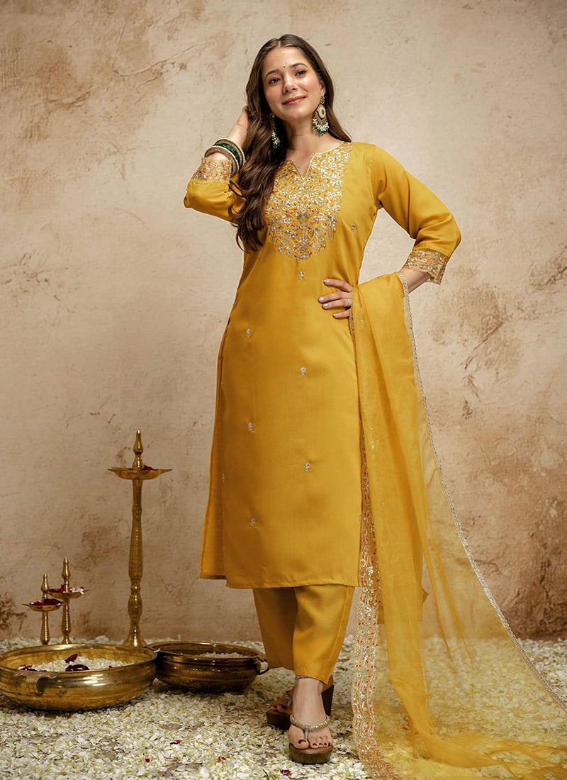 Charming Yellow Chanderi Embroidered Straight Pant Suit After Six Wear