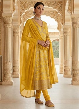 Charming Yellow Dola Silk Jacquard Sequins Anarkali Suit