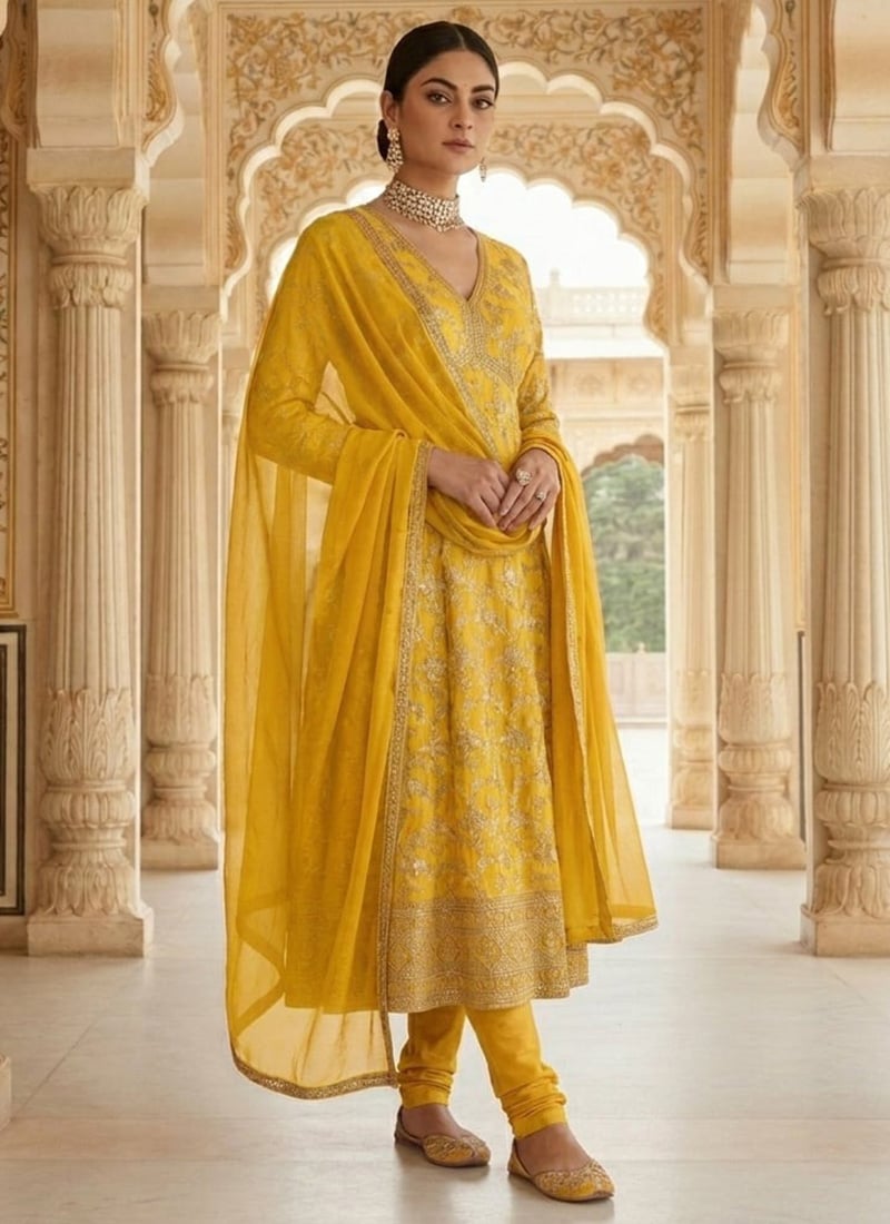 Charming Yellow Dola Silk Jacquard Sequins Anarkali Suit Festive Wear