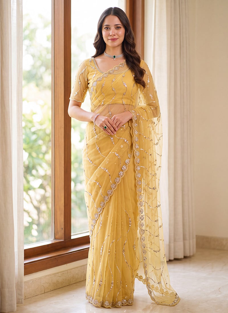 Charming Yellow Net Sequins Saree After Six Wear