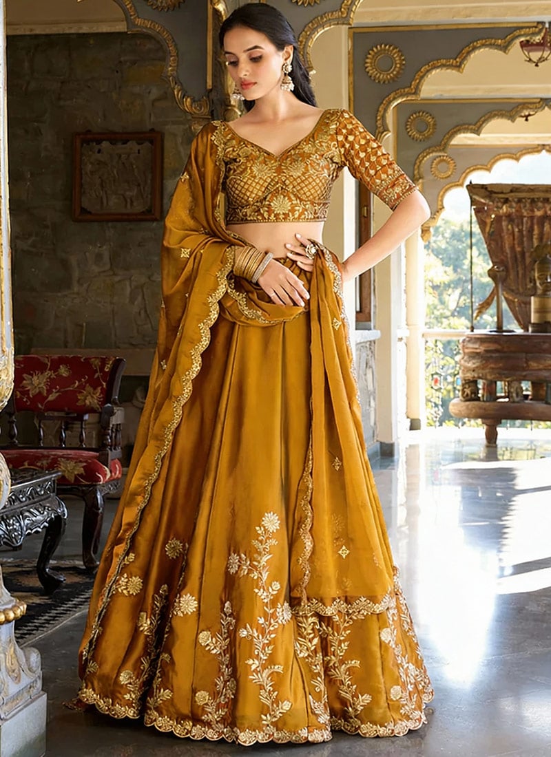 Charming Yellow Silk Zari Embroidered Umbrella Lehenga Wedding Wear