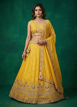 Charming Yellow Tissue Embroidered Umbrella Lehenga