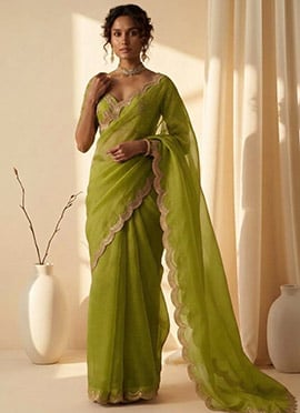 Chartreuse Green Organza Cutdana Sequins Hand Embroidered Saree