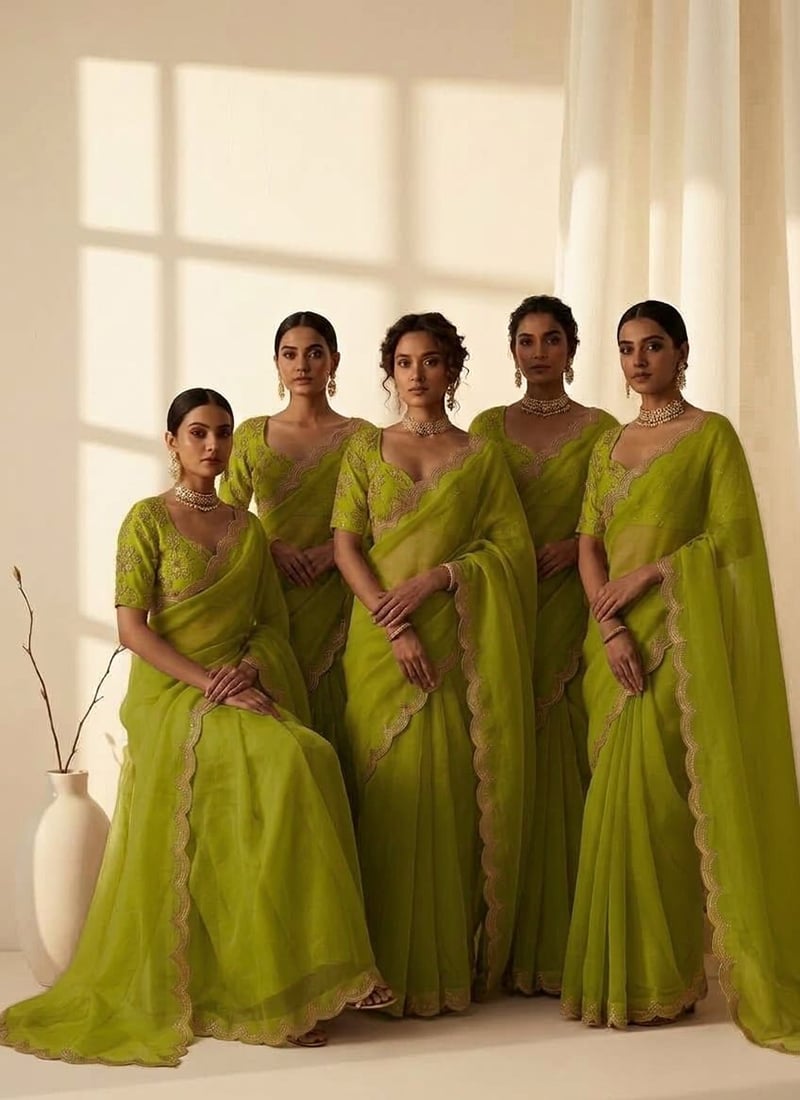 Chartreuse Green Organza Cutdana Sequins Hand Embroidered Saree After Six Wear