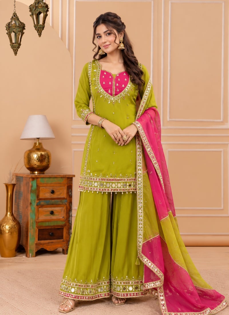 Chartreuse Green Organza Mirror Work Palazzo Suit After Six Wear