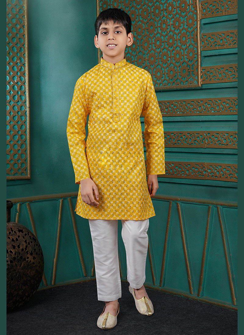 Cheerful Yellow Cotton Printed Kids Boys Kurta Pyjama Festive Wear