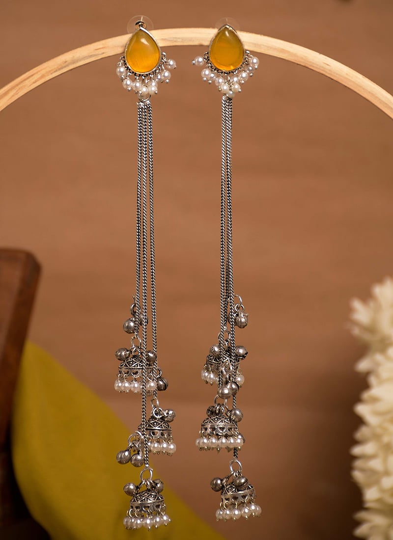 Cheerful Yellow Kundan Beads Oxidised Jhumka Festive Wear